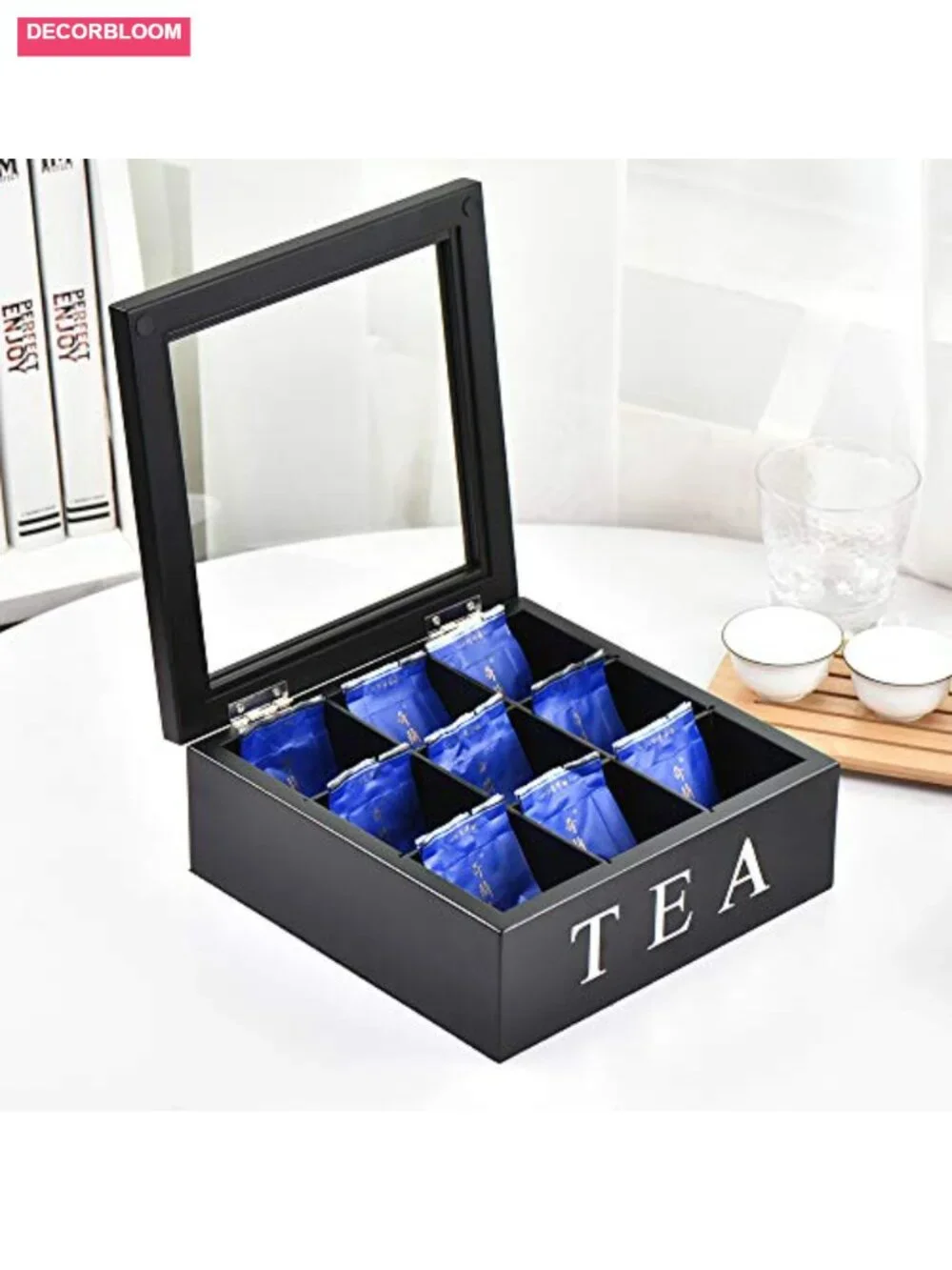 Wooden Tea Storage Box with Glass Lid 9 Compartments Organizer